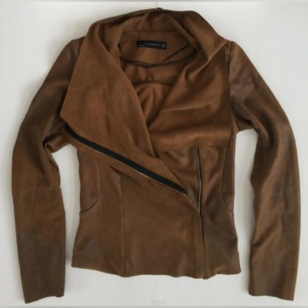ZARA FAUX SUEDE DRAPED JACKET BLAZER COAT ZIP